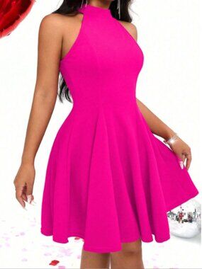 SHEIN Unity Women's Summer Solid Color Halter Neck Short Sleeveless Dress